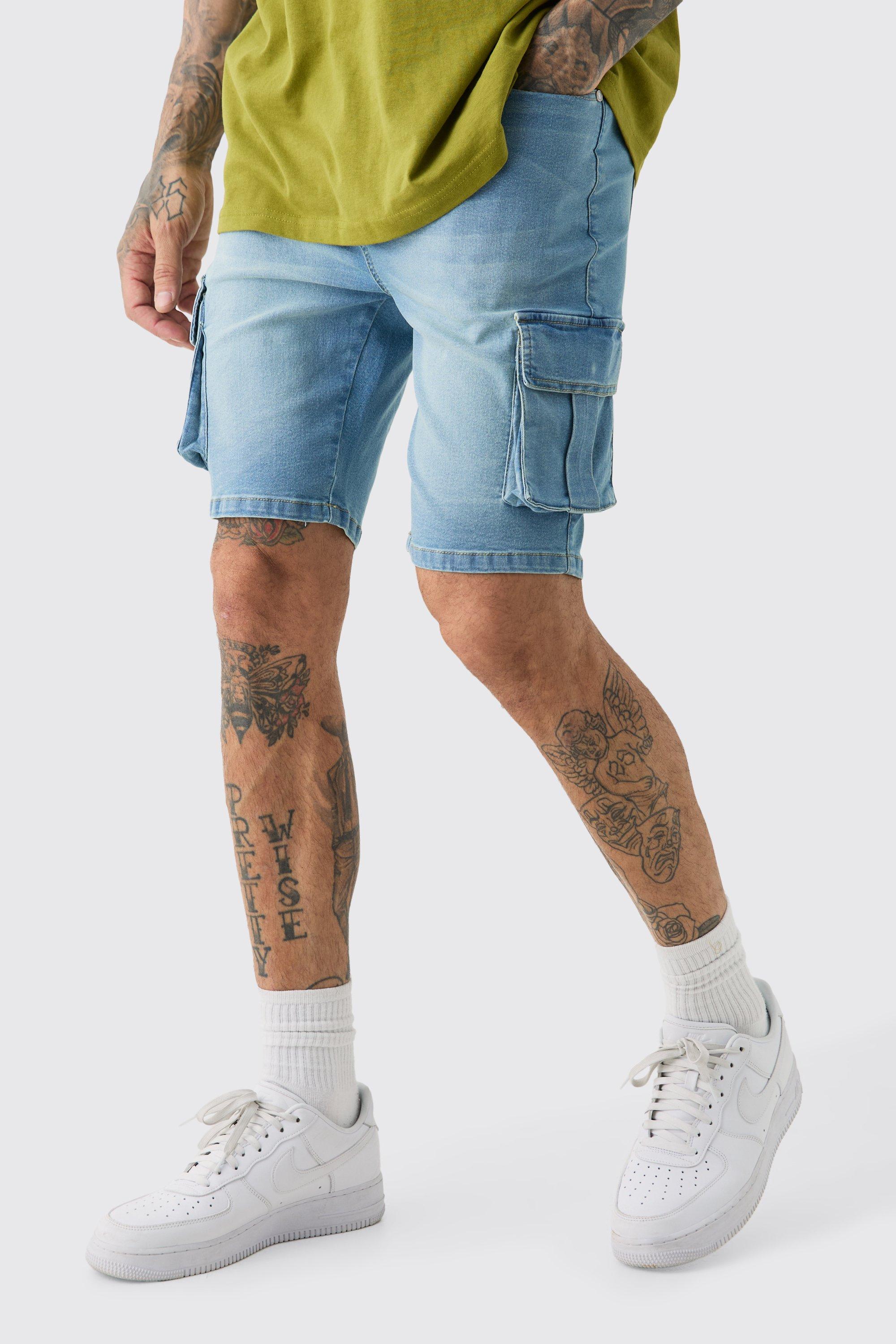 Mens Grey Tall Skinny Stretch Cargo Denim Shorts In Light Wash, Grey